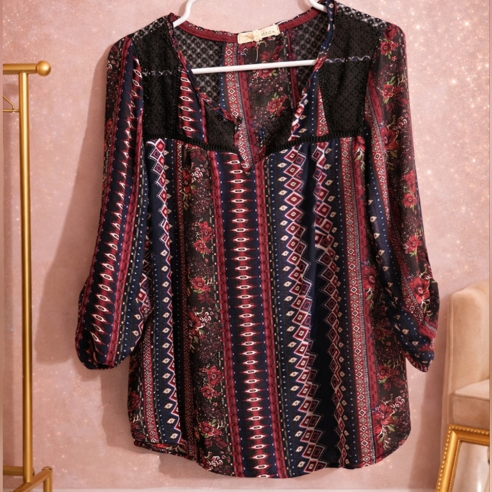 Rewind Medium Red and Blue Patterned Blouse